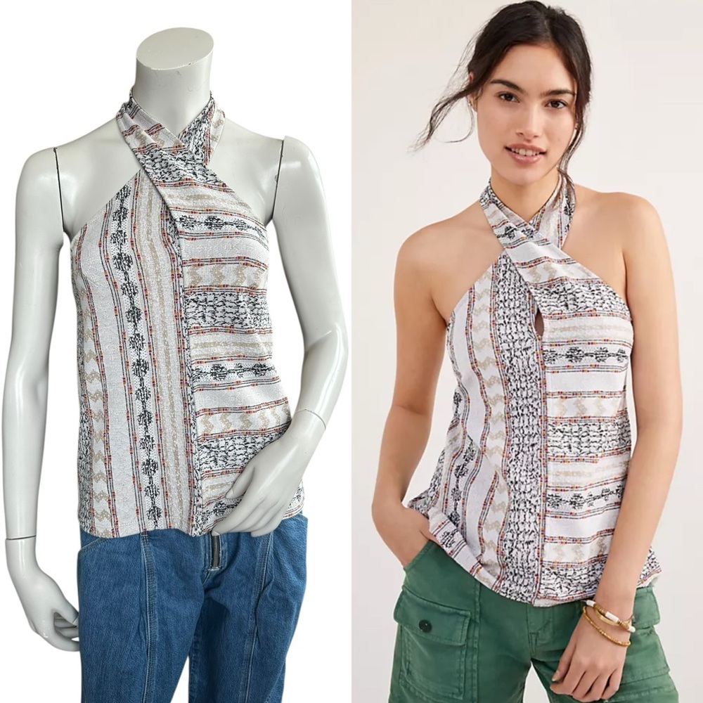 Anthropologie Leanne Jacquard Cream Multicolor Cross Front Halter Top Size XS